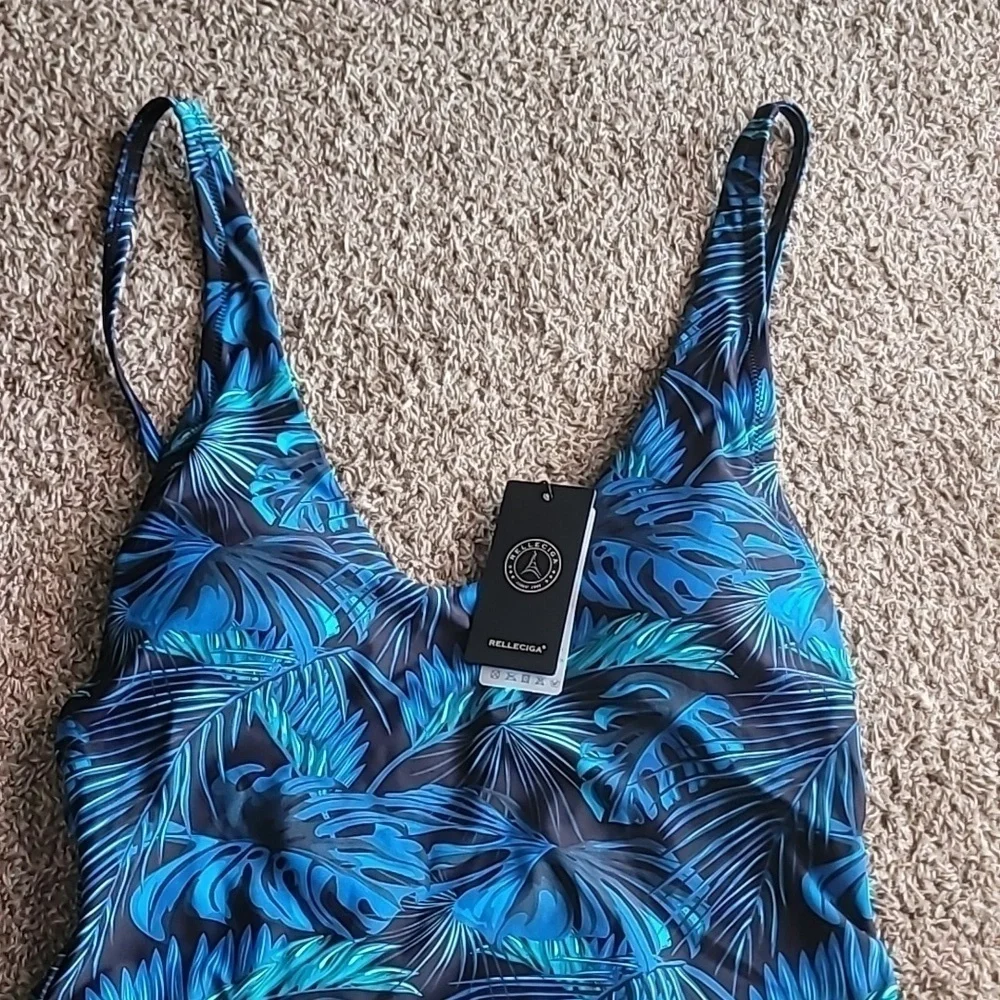 NWT Relleciga blue leaf high cut cheeky pads one piece swimsuit size L